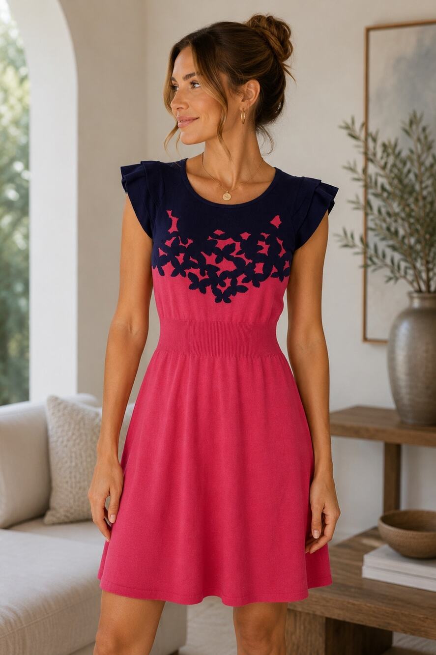 Lilly Pulitzer Pink Navy Fit Flare Knit Dress Size Small Flutter Sleeve